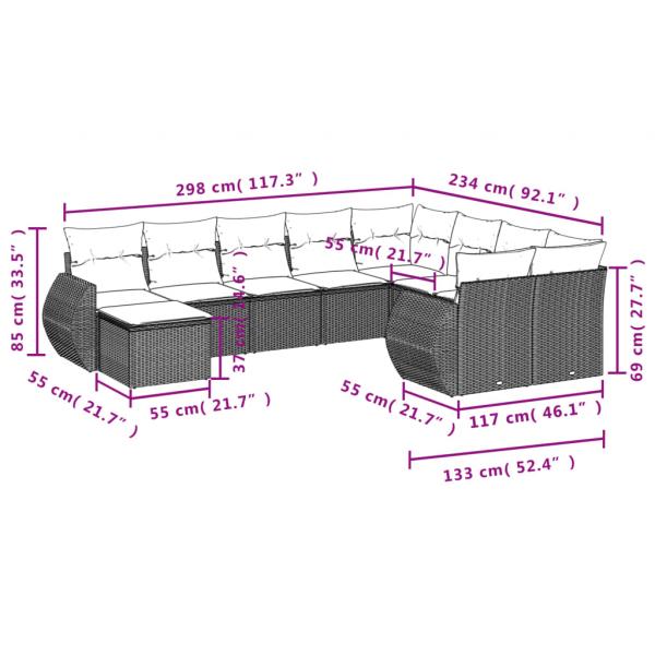 10-tlg. Garten-Sofagarnitur mit Kissen Schwarz Poly Rattan