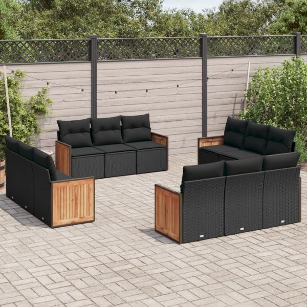 ARDEBO.de - 12-tlg. Garten-Sofagarnitur mit Kissen Schwarz Poly Rattan