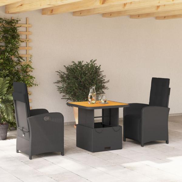 ARDEBO.de - 3-tlg. Garten-Essgruppe mit Kissen Schwarz Poly Rattan