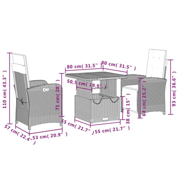 3-tlg. Garten-Essgruppe mit Kissen Schwarz Poly Rattan