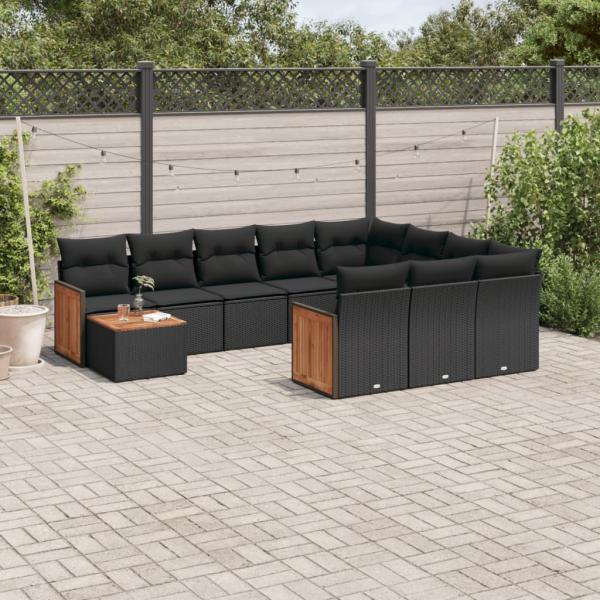 ARDEBO.de - 11-tlg. Garten-Sofagarnitur mit Kissen Schwarz Poly Rattan