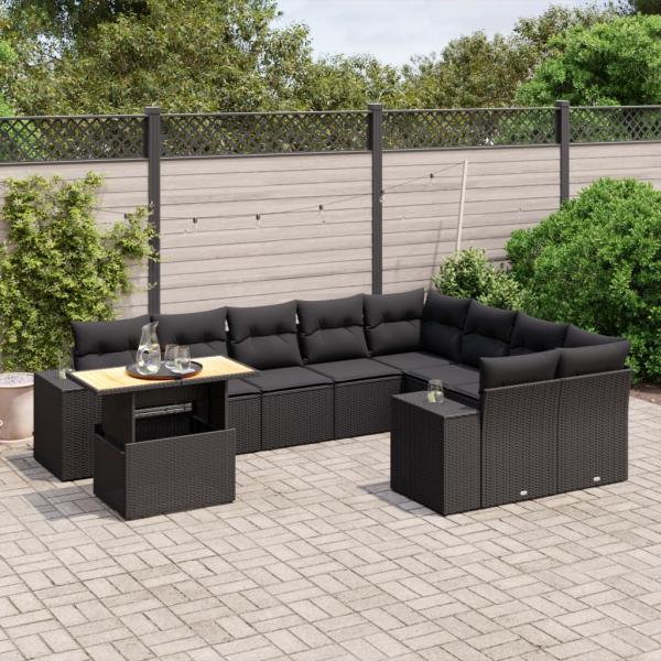 ARDEBO.de - 10-tlg. Garten-Sofagarnitur mit Kissen Schwarz Poly Rattan