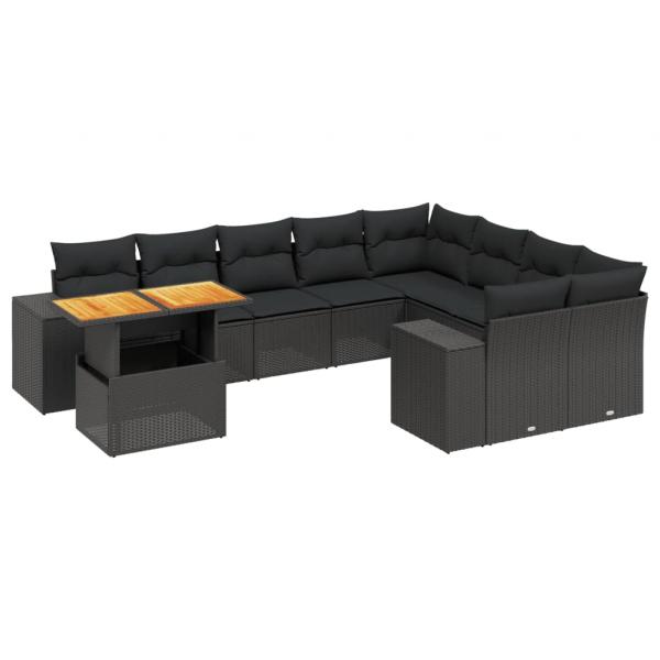 10-tlg. Garten-Sofagarnitur mit Kissen Schwarz Poly Rattan