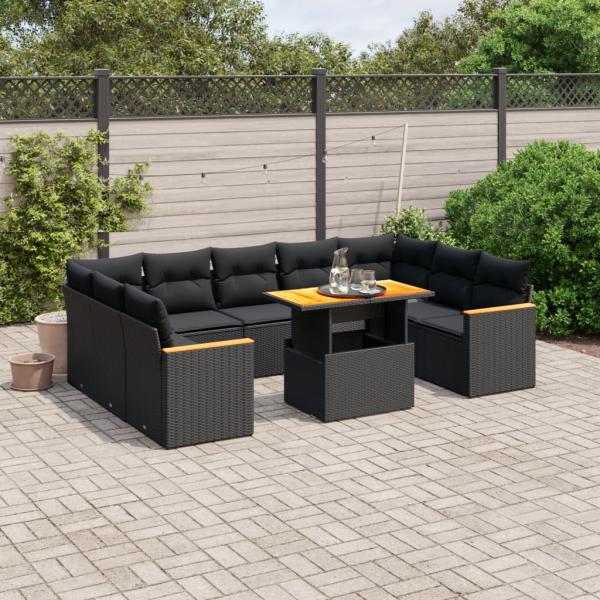 ARDEBO.de - 11-tlg. Garten-Sofagarnitur mit Kissen Schwarz Poly Rattan