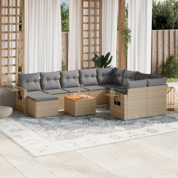 ARDEBO.de - 11-tlg. Garten-Sofagarnitur mit Kissen Beige Poly Rattan