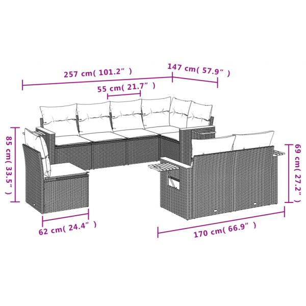 8-tlg. Garten-Sofagarnitur mit Kissen Grau Poly Rattan