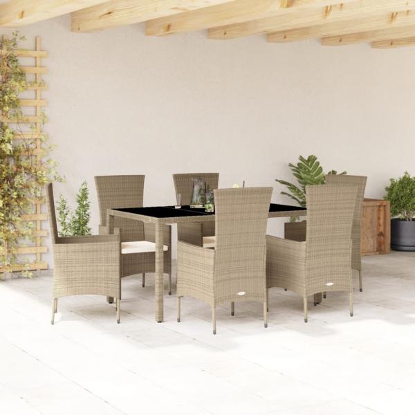 ARDEBO.de - 7-tlg. Garten-Essgruppe mit Kissen Beige Poly Rattan