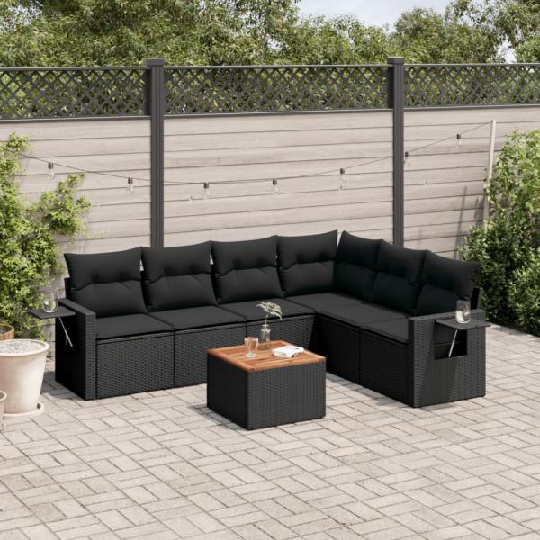 ARDEBO.de - 7-tlg. Garten-Sofagarnitur mit Kissen Schwarz Poly Rattan