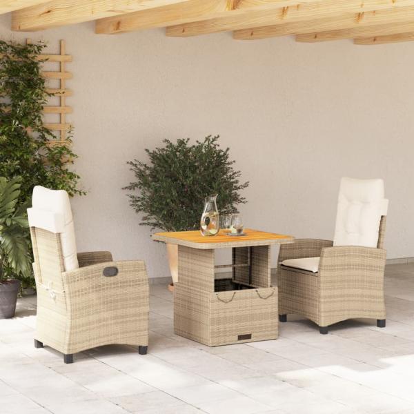 ARDEBO.de - 3-tlg. Garten-Essgruppe mit Kissen Beige Poly Rattan