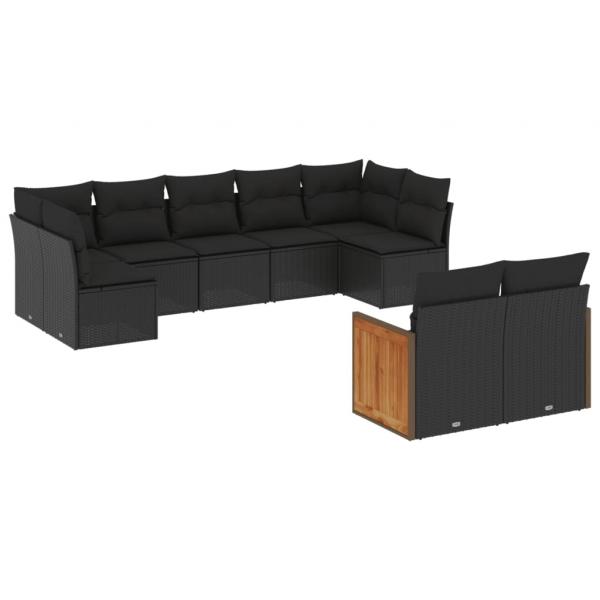 9-tlg. Garten-Sofagarnitur mit Kissen Schwarz Poly Rattan