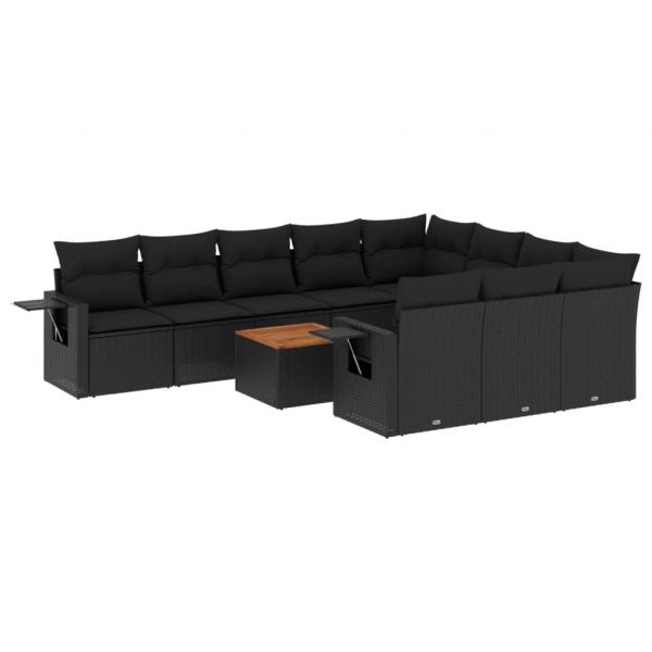 11-tlg. Garten-Sofagarnitur mit Kissen Schwarz Poly Rattan