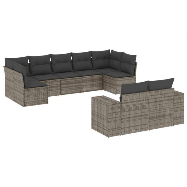 9-tlg. Garten-Sofagarnitur mit Kissen Grau Poly Rattan