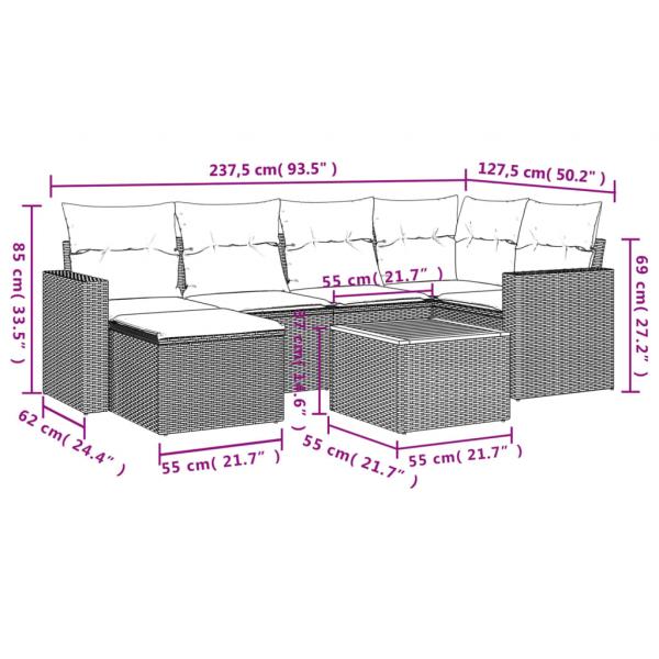 7-tlg. Garten-Sofagarnitur mit Kissen Grau Poly Rattan