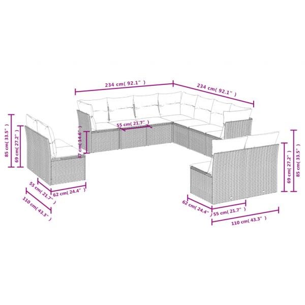 11-tlg. Garten-Sofagarnitur mit Kissen Schwarz Poly Rattan