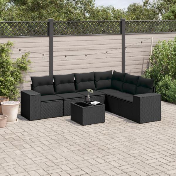 ARDEBO.de - 7-tlg. Garten-Sofagarnitur mit Kissen Schwarz Poly Rattan