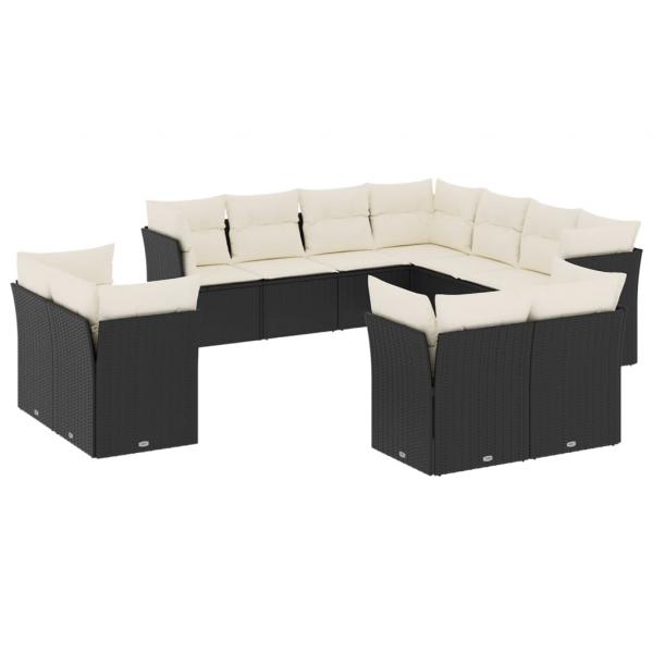 11-tlg. Garten-Sofagarnitur mit Kissen Schwarz Poly Rattan