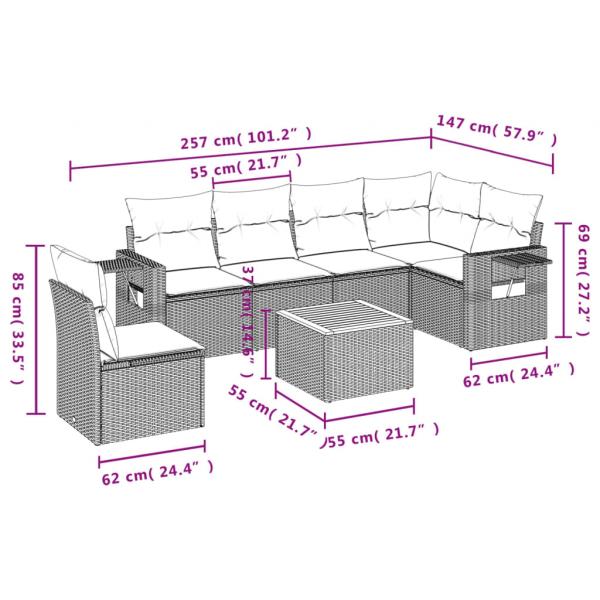 7-tlg. Garten-Sofagarnitur mit Kissen Grau Poly Rattan