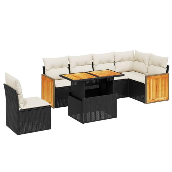 7-tlg. Garten-Sofagarnitur mit Kissen Schwarz Poly Rattan