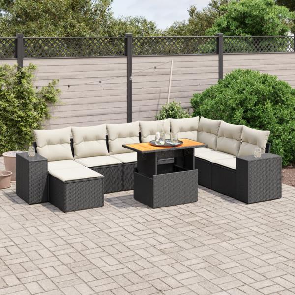 ARDEBO.de - 9-tlg. Garten-Sofagarnitur mit Kissen Schwarz Poly Rattan