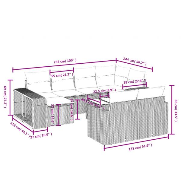 11-tlg. Garten-Sofagarnitur mit Kissen Grau Poly Rattan