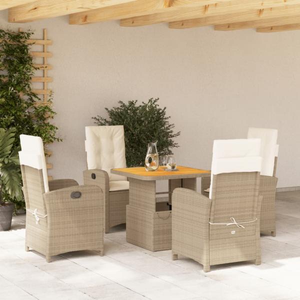 ARDEBO.de - 5-tlg. Garten-Essgruppe mit Kissen Beige Poly Rattan