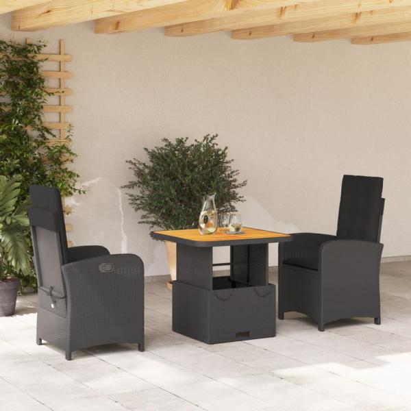 ARDEBO.de - 3-tlg. Garten-Essgruppe mit Kissen Schwarz Poly Rattan