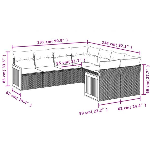 8-tlg. Garten-Sofagarnitur mit Kissen Grau Poly Rattan