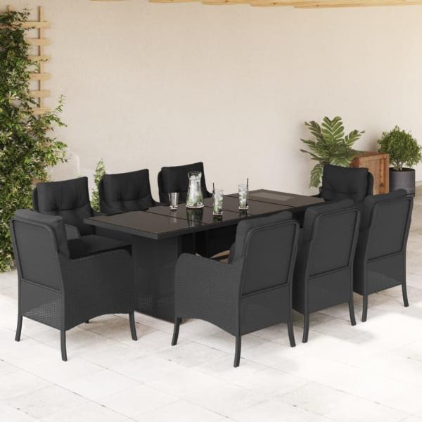 ARDEBO.de - 9-tlg. Garten-Essgruppe mit Kissen Schwarz Poly Rattan