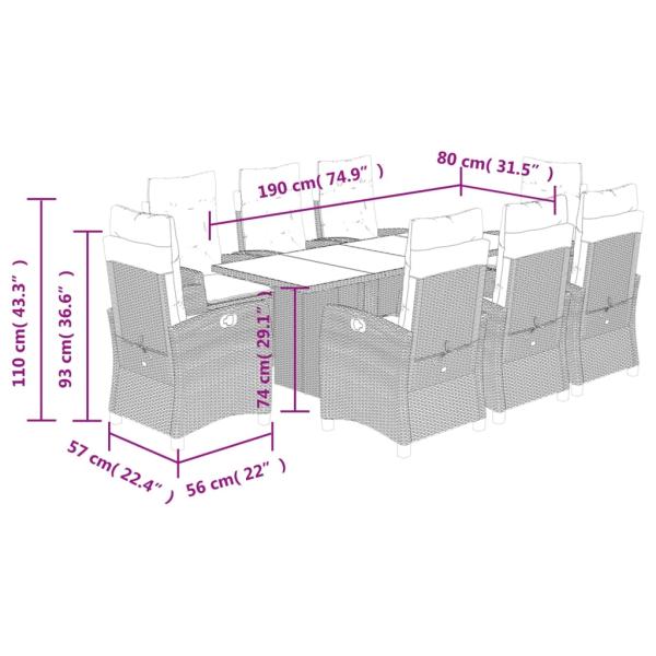 9-tlg. Garten-Essgruppe mit Kissen Braun Poly Rattan