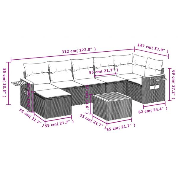 8-tlg. Garten-Sofagarnitur mit Kissen Schwarz Poly Rattan