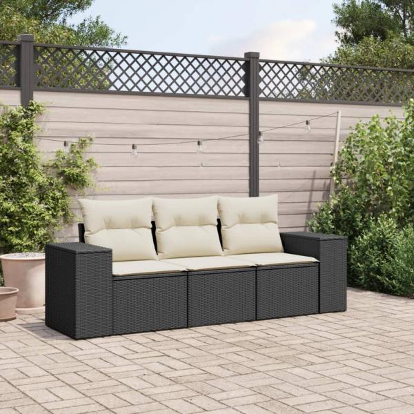 ARDEBO.de - 3-tlg. Garten-Sofagarnitur mit Kissen Schwarz Poly Rattan