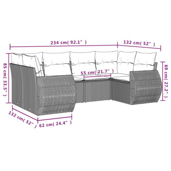 6-tlg. Garten-Sofagarnitur mit Kissen Schwarz Poly Rattan