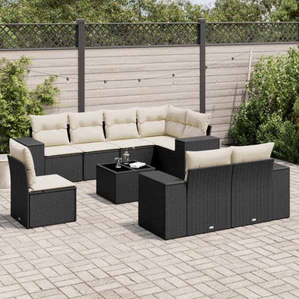 ARDEBO.de - 9-tlg. Garten-Sofagarnitur mit Kissen Schwarz Poly Rattan