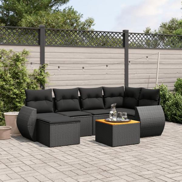 ARDEBO.de - 7-tlg. Garten-Sofagarnitur mit Kissen Schwarz Poly Rattan