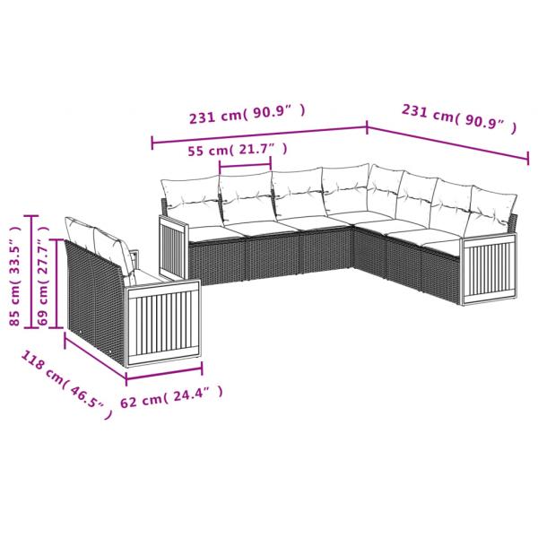 9-tlg. Garten-Sofagarnitur mit Kissen Schwarz Poly Rattan