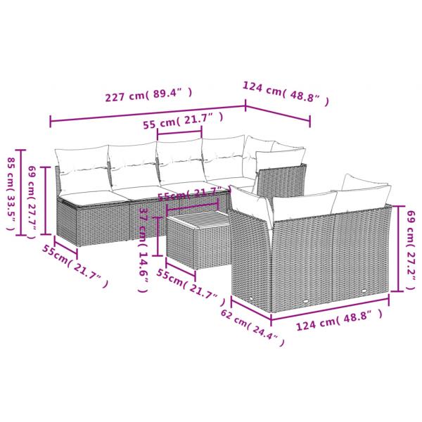 8-tlg. Garten-Sofagarnitur mit Kissen Grau Poly Rattan