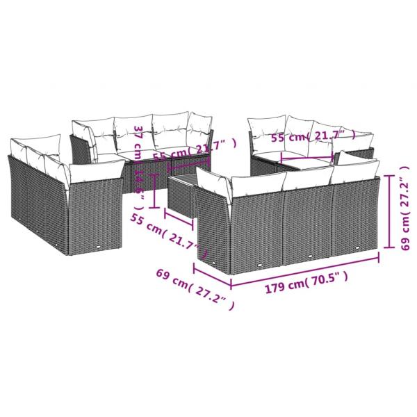 13-tlg. Garten-Sofagarnitur mit Kissen Grau Poly Rattan