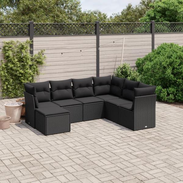 ARDEBO.de - 7-tlg. Garten-Sofagarnitur mit Kissen Schwarz Poly Rattan