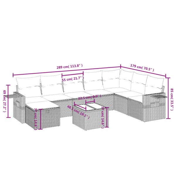 9-tlg. Garten-Sofagarnitur mit Kissen Schwarz Poly Rattan