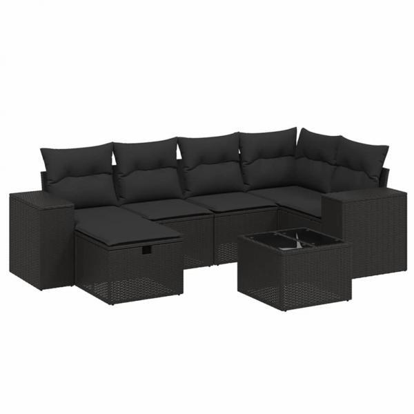 7-tlg. Garten-Sofagarnitur mit Kissen Schwarz Poly Rattan