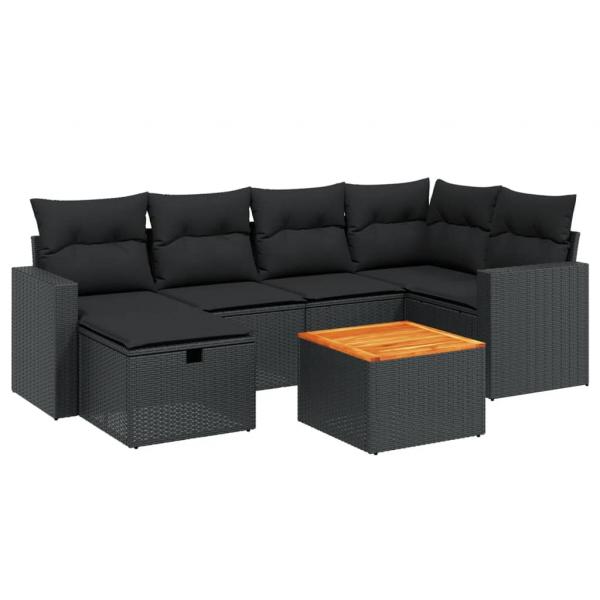 7-tlg. Garten-Sofagarnitur mit Kissen Schwarz Poly Rattan