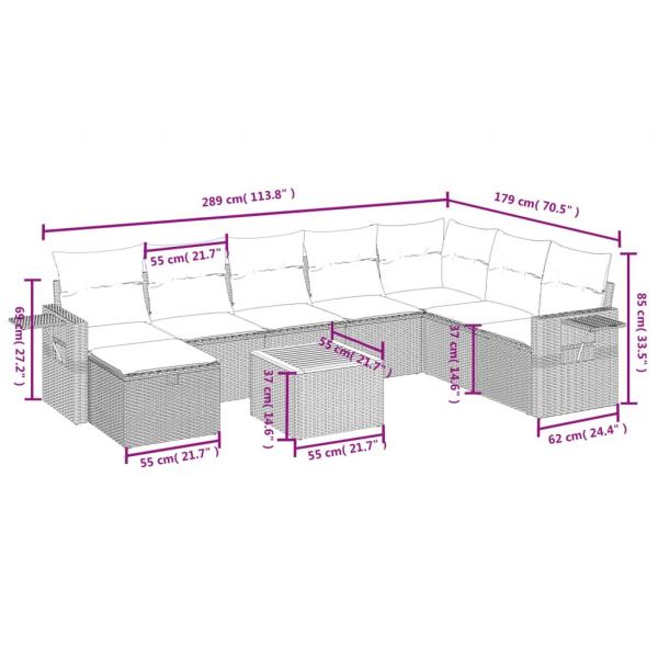 9-tlg. Garten-Sofagarnitur mit Kissen Grau Poly Rattan