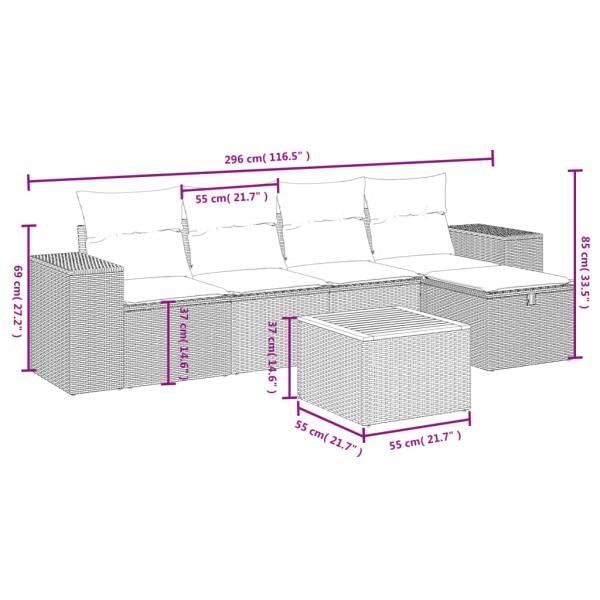 6-tlg. Garten-Sofagarnitur mit Kissen Grau Poly Rattan