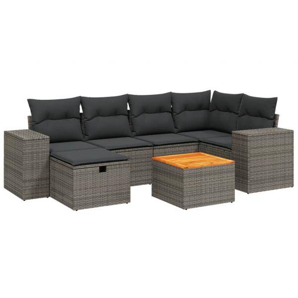 7-tlg. Garten-Sofagarnitur mit Kissen Grau Poly Rattan