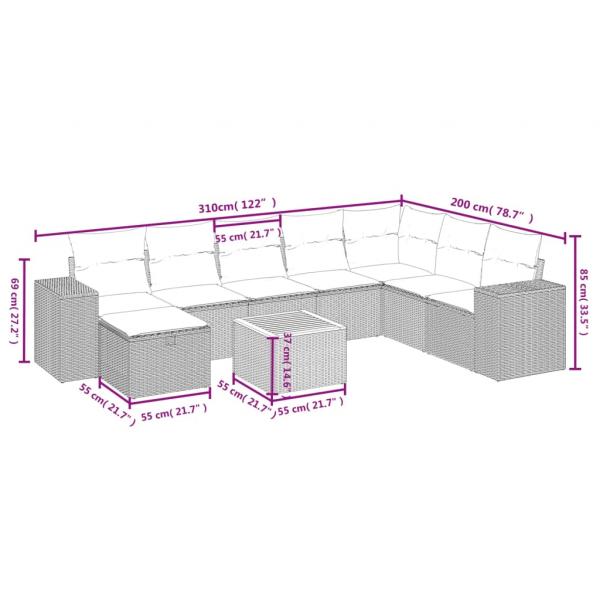 9-tlg. Garten-Sofagarnitur mit Kissen Schwarz Poly Rattan