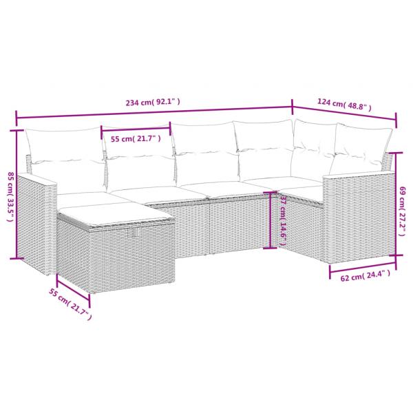 6-tlg. Garten-Sofagarnitur mit Kissen Grau Poly Rattan