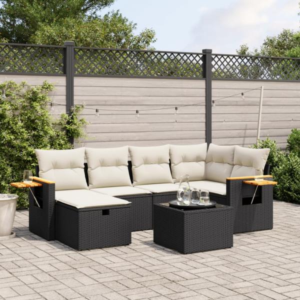 ARDEBO.de - 7-tlg. Garten-Sofagarnitur mit Kissen Schwarz Poly Rattan