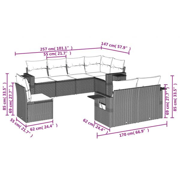 8-tlg. Garten-Sofagarnitur mit Kissen Grau Poly Rattan