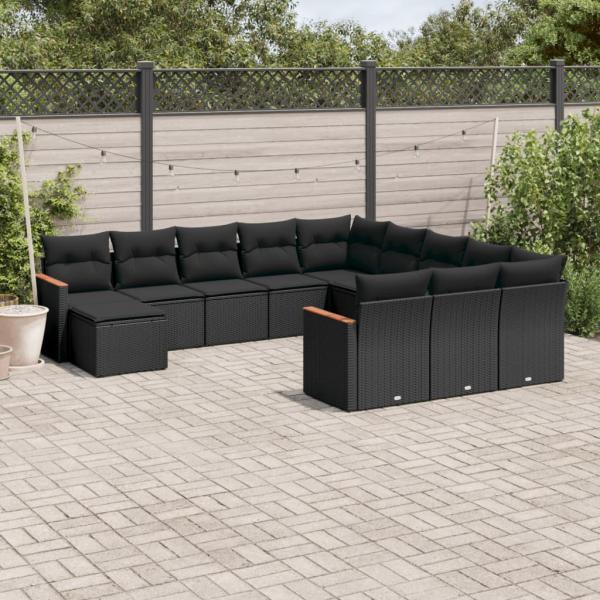 ARDEBO.de - 12-tlg. Garten-Sofagarnitur mit Kissen Schwarz Poly Rattan