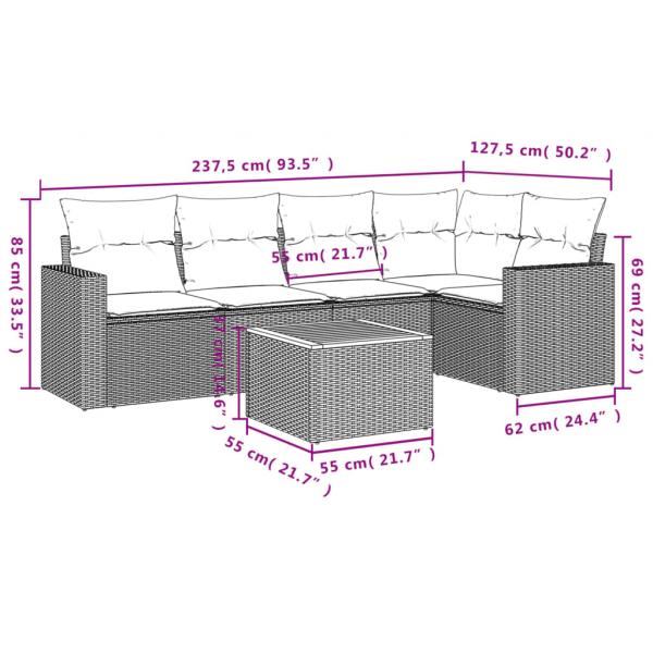 6-tlg. Garten-Sofagarnitur mit Kissen Grau Poly Rattan